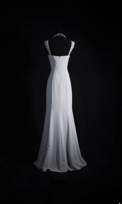 Robe de bal longue vintage sirène gris argenté, inspiration années 80, en satin, référence AU017