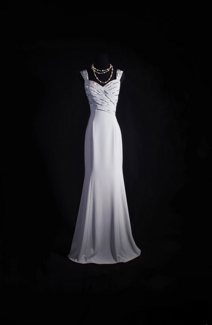 Robe de bal longue vintage sirène gris argenté, inspiration années 80, en satin, référence AU017