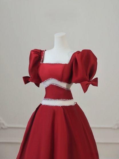 Ball Gown Square Neck Short Sleeves Burgundy Satin Floor Length Stunning Prom Dresses 2026 Inspiration Prom Dress Princess Graduation Dress AU018