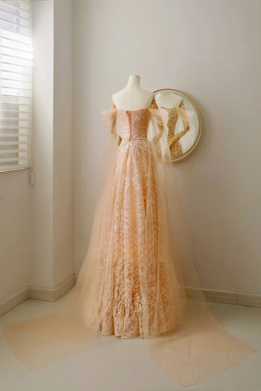 Modest A line Off The Shoulder Champagne Sequin Beaded Prom Dresses Long Party Dress Evening Outfits Graduation Dress AU019