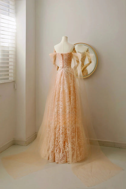 Modest A line Off The Shoulder Champagne Sequin Beaded Prom Dresses Long Party Dress Evening Outfits Graduation Dress AU019