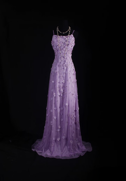 Robes de bal rétro, coupe trapèze, bretelles spaghetti, tulle lilas, style vintage, robes de soirée longues, AU019