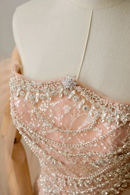 Modest A line Off The Shoulder Champagne Sequin Beaded Prom Dresses Long Party Dress Evening Outfits Graduation Dress AU019