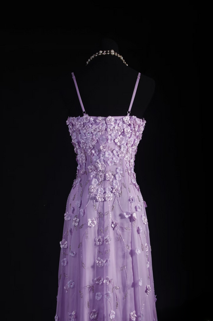 Robes de bal rétro, coupe trapèze, bretelles spaghetti, tulle lilas, style vintage, robes de soirée longues, AU019