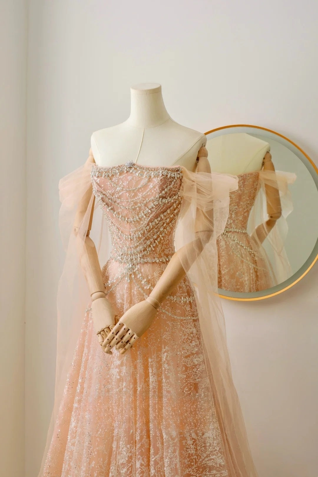 Modest A line Off The Shoulder Champagne Sequin Beaded Prom Dresses Long Party Dress Evening Outfits Graduation Dress AU019