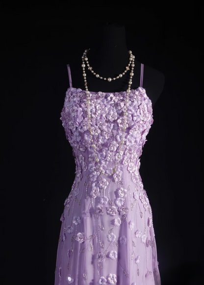 Robes de bal rétro, coupe trapèze, bretelles spaghetti, tulle lilas, style vintage, robes de soirée longues, AU019