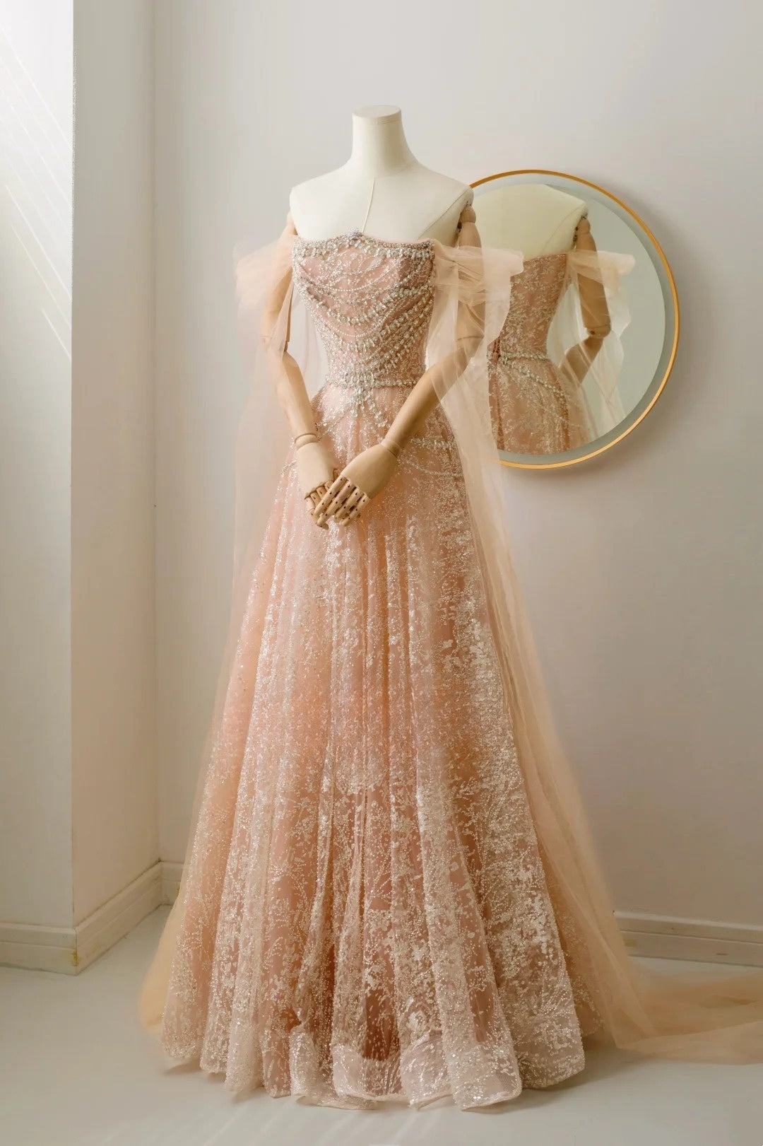 Modest A line Off The Shoulder Champagne Sequin Beaded Prom Dresses Long Party Dress Evening Outfits Graduation Dress AU019