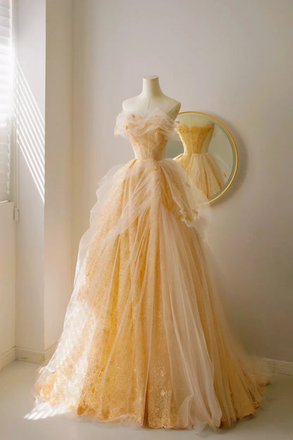 Robe de bal élégante sans bretelles jaune, longueur au sol, en tulle, tenue de soirée, tenue d'anniversaire, robe de bal AU020