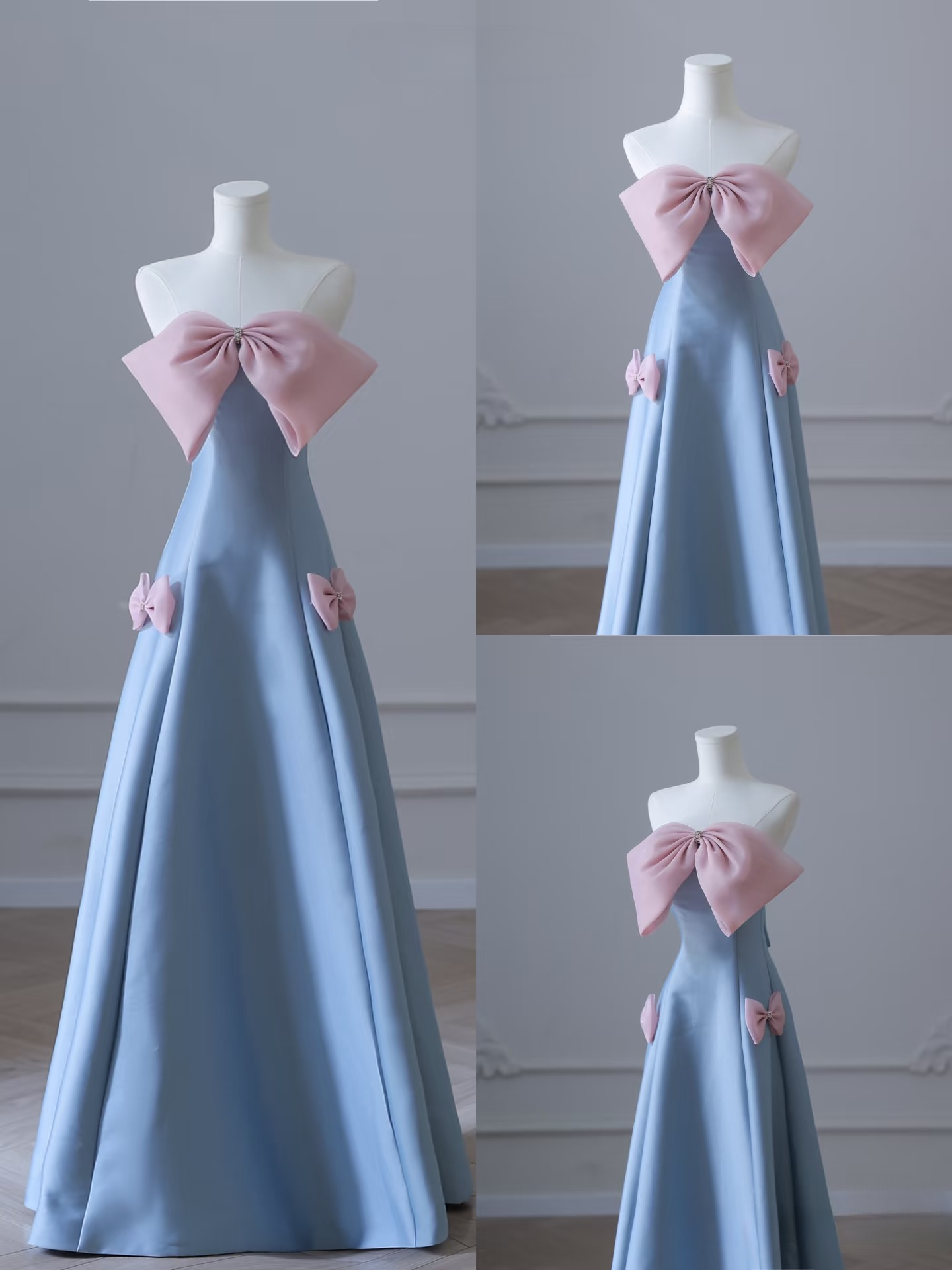 Elegantes, trägerloses, ärmelloses A-Linien-Kleid mit blauer Schleife aus Satin in bodenlanger Länge. Tolle Inspirationsideen für Abschlussballkleider. Abschlussballkleider AU021