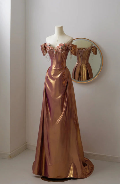 Robe de soirée sirène modeste à épaules dénudées en satin avec fleurs et perles, robe longue de soirée, tenue de remise de diplôme, AU021