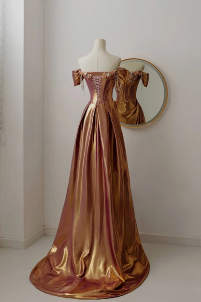 Robe de soirée sirène modeste à épaules dénudées en satin avec fleurs et perles, robe longue de soirée, tenue de remise de diplôme, AU021