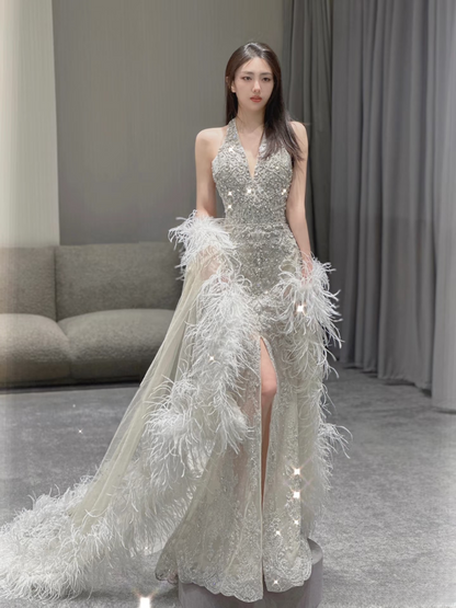 Sexy Meerjungfrau Neckholder Ärmellos Pailletten Silber Bodenlang Atemberaubende Ballkleider 2026 Inspiration Ballkleid Prinzessin Abschlussballkleid AU022