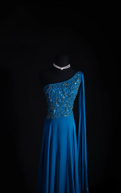 Retro Prom Dresses A Line One Shoulder Royal Blue Chiffon Beaded Vintage Fashion Long Prom Dresses Party Gowns AU022