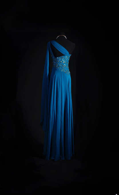 Retro Prom Dresses A Line One Shoulder Royal Blue Chiffon Beaded Vintage Fashion Long Prom Dresses Party Gowns AU022