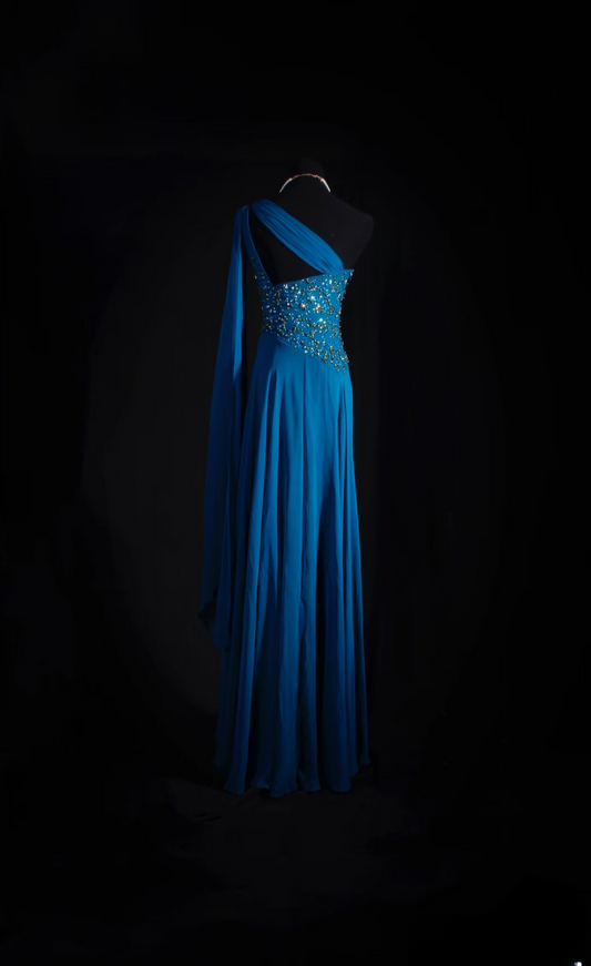 Retro Prom Dresses A Line One Shoulder Royal Blue Chiffon Beaded Vintage Fashion Long Prom Dresses Party Gowns AU022