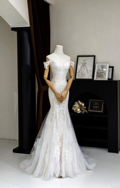 Robe de mariée sirène romantique pour femme, épaules dénudées, manches courtes en dentelle blanche et tulle avec application, traîne balayée AU022