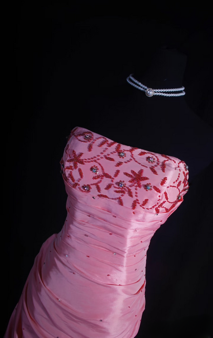 Retro Prom Dresses Mermaid Strapless Pink Organza With Beaded Vintage Long Prom Dresses Party Gowns AU023