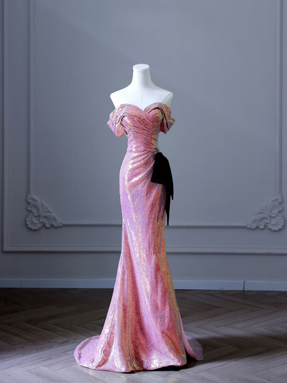 Mermaid Off The Shoulder Pink Sequin Floor Length Stunning Prom Dresses 2026 Inspiration Prom Dress Princess Graduation Dress AU024