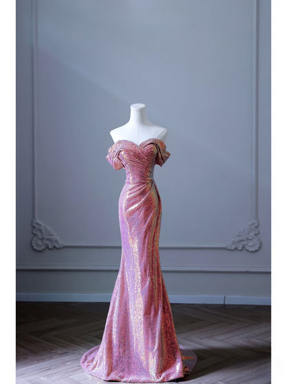 Mermaid Off The Shoulder Pink Sequin Floor Length Stunning Prom Dresses 2026 Inspiration Prom Dress Princess Graduation Dress AU024