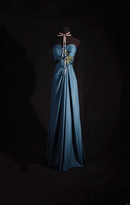 Robe de bal rétro coupe trapèze bleu marine bustier cœur années 80 avec perles dorées, mousseline, robe de soirée longue vintage AU024