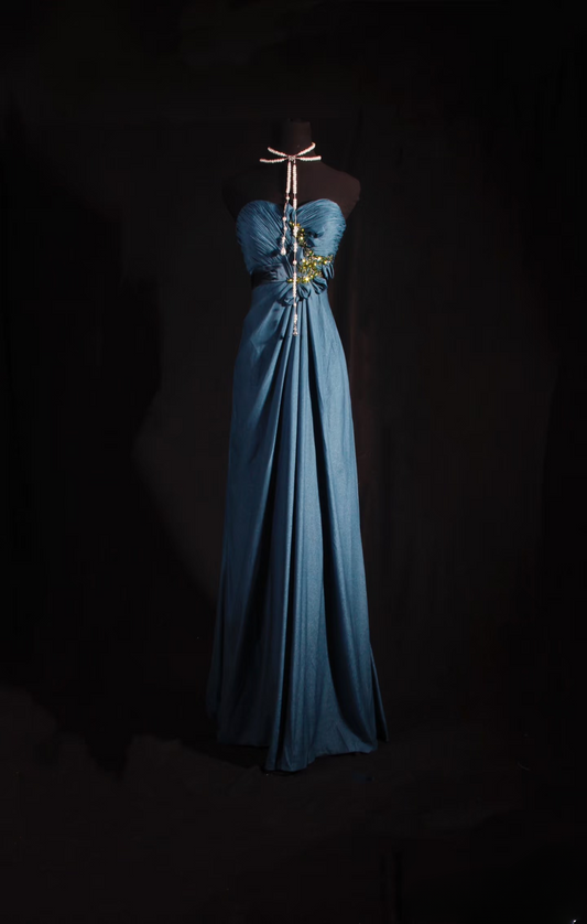 Retro Prom Dresses A Line Navy Blue Sweetheart 80s With Gold Beads Chiffon Vintage Fashion Long Prom Dresses Party Gowns AU024