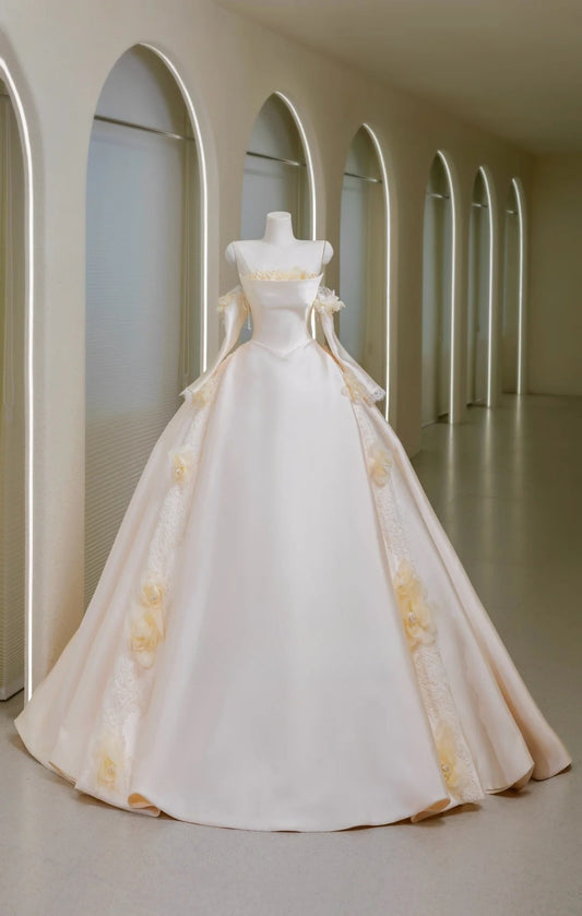 Romantic Women's Ball Gown Strapless With Appliqued Long Sleeves White Lace Satin Sweep Train Wedding Dresses AU024