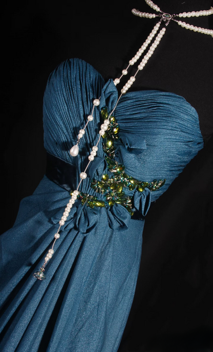 Robe de bal rétro coupe trapèze bleu marine bustier cœur années 80 avec perles dorées, mousseline, robe de soirée longue vintage AU024