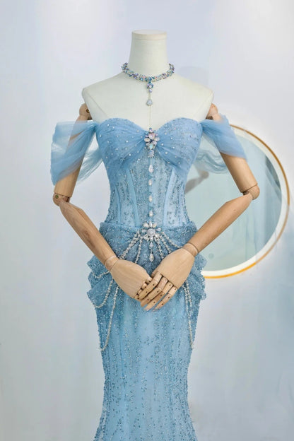 Robe de soirée sirène modeste à épaules dénudées et paillettes bleues, robe longue de bal, tenue de soirée, robe de remise de diplôme, AU025