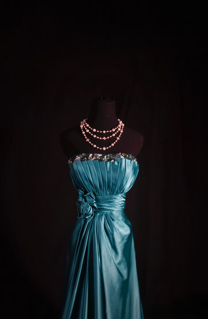 Retro Prom Dresses A Line Blue Strapless 80s With Pleated Satin Vintage Fashion Long Prom Dresses Party Gowns AU025