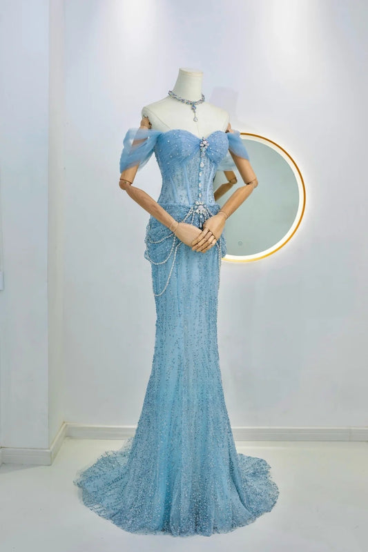 Modest Mermaid Off The Shoulder Blue Sequin Beaded Prom Dresses Long Party Dress Evening Outfits Graduation Dress AU025