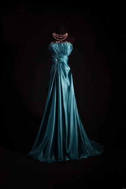 Retro Prom Dresses A Line Blue Strapless 80s With Pleated Satin Vintage Fashion Long Prom Dresses Party Gowns AU025