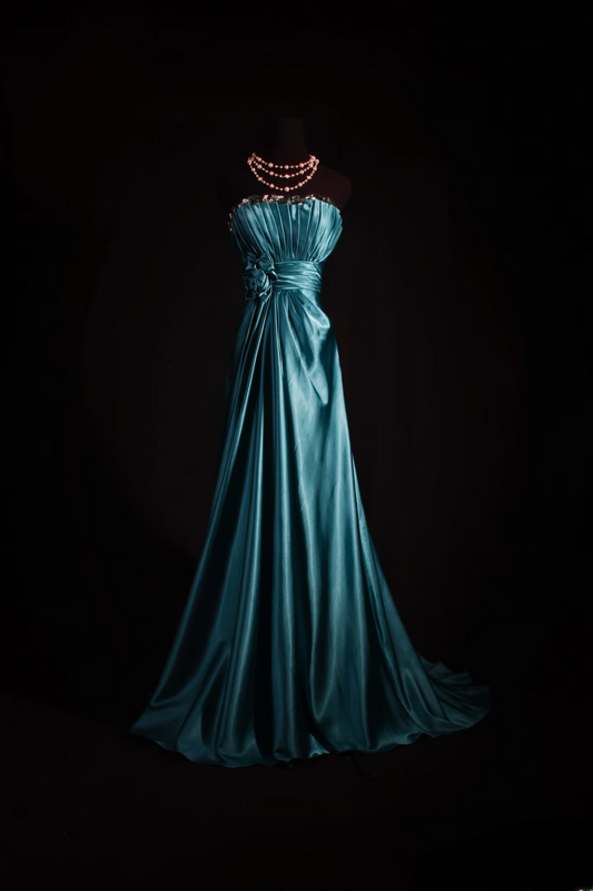 Retro Prom Dresses A Line Blue Strapless 80s With Pleated Satin Vintage Fashion Long Prom Dresses Party Gowns AU025