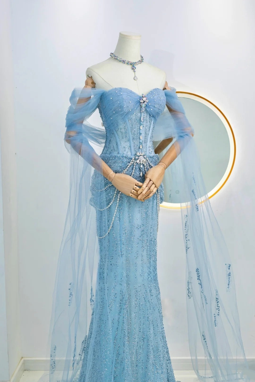 Robe de soirée sirène modeste à épaules dénudées et paillettes bleues, robe longue de bal, tenue de soirée, robe de remise de diplôme, AU025
