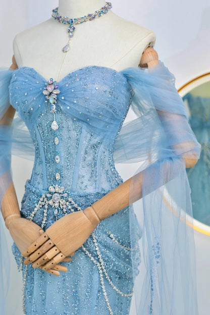 Robe de soirée sirène modeste à épaules dénudées et paillettes bleues, robe longue de bal, tenue de soirée, robe de remise de diplôme, AU025