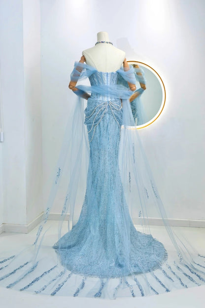 Robe de soirée sirène modeste à épaules dénudées et paillettes bleues, robe longue de bal, tenue de soirée, robe de remise de diplôme, AU025