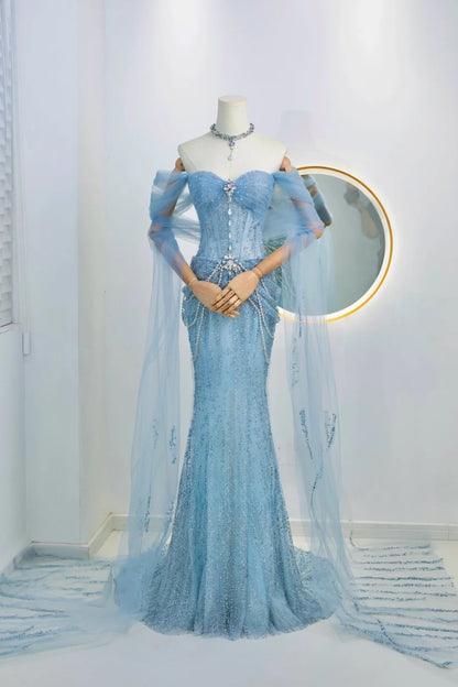 Robe de soirée sirène modeste à épaules dénudées et paillettes bleues, robe longue de bal, tenue de soirée, robe de remise de diplôme, AU025
