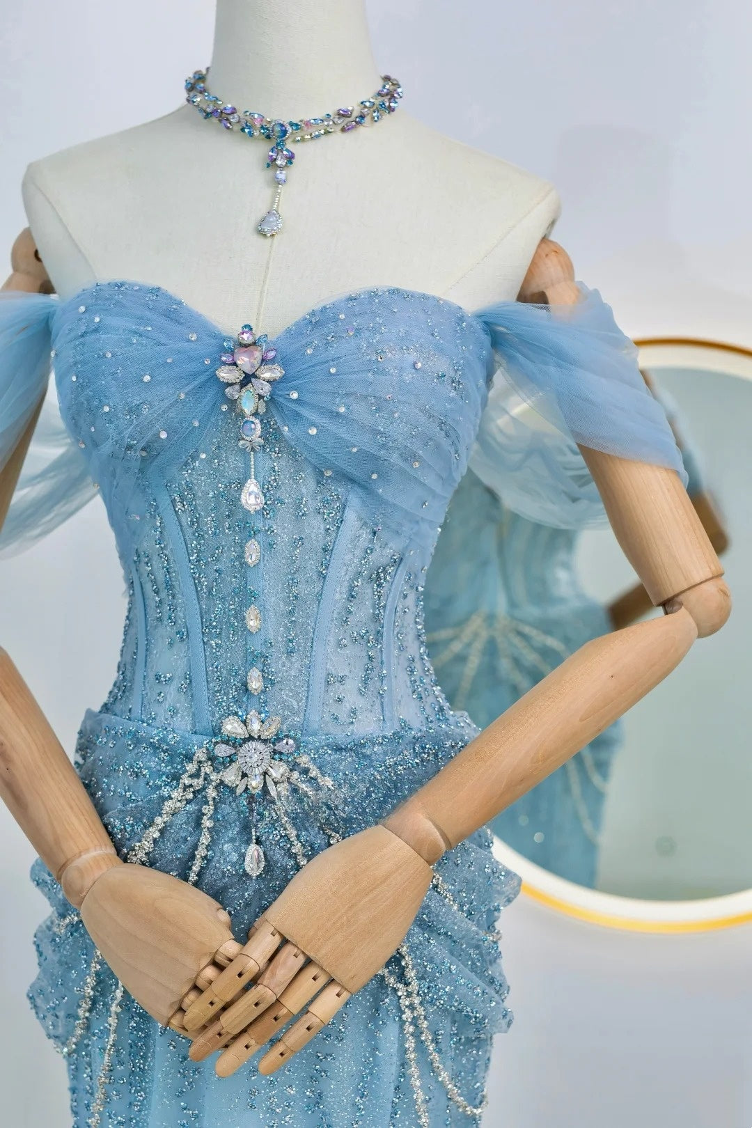 Robe de soirée sirène modeste à épaules dénudées et paillettes bleues, robe longue de bal, tenue de soirée, robe de remise de diplôme, AU025