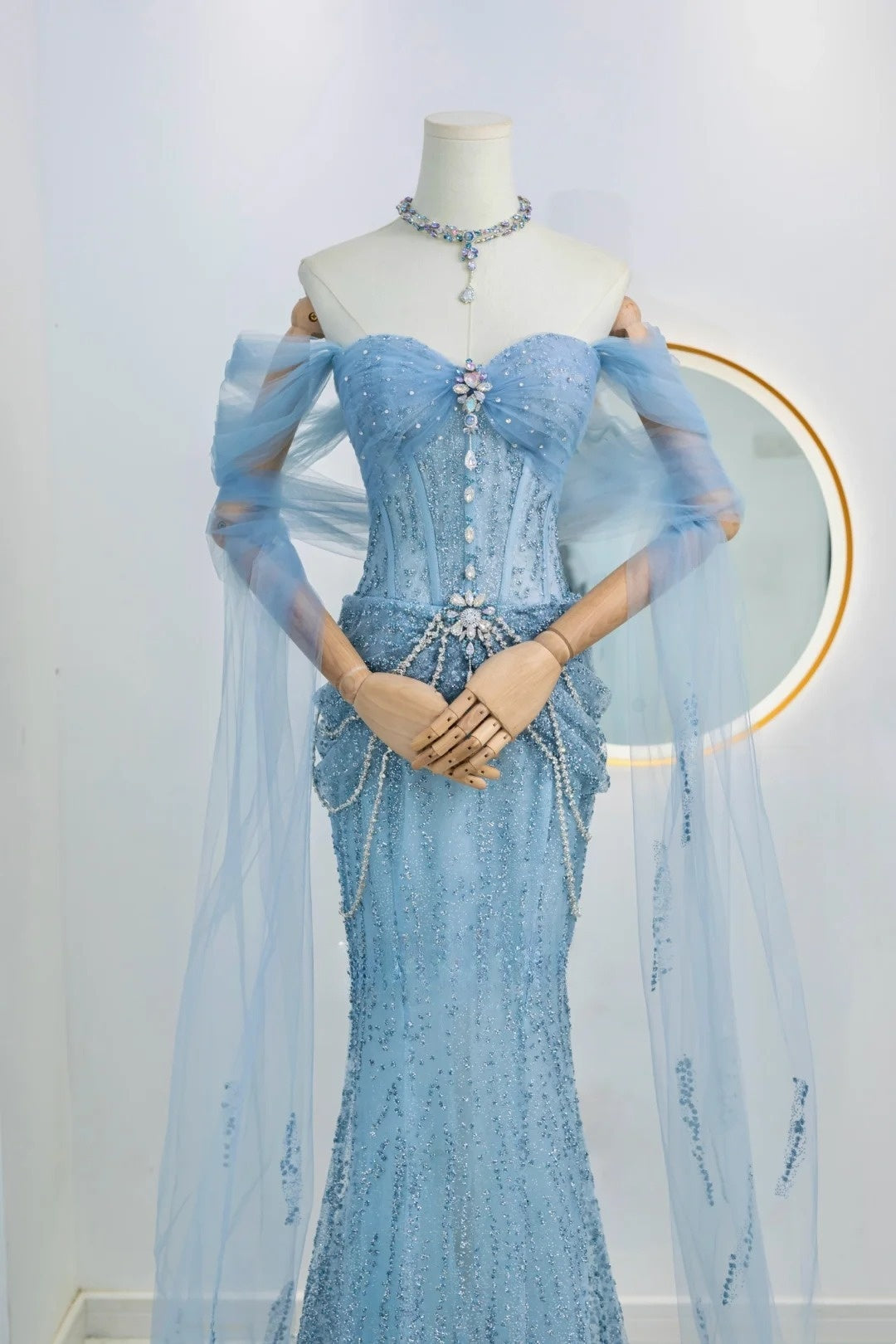 Robe de soirée sirène modeste à épaules dénudées et paillettes bleues, robe longue de bal, tenue de soirée, robe de remise de diplôme, AU025