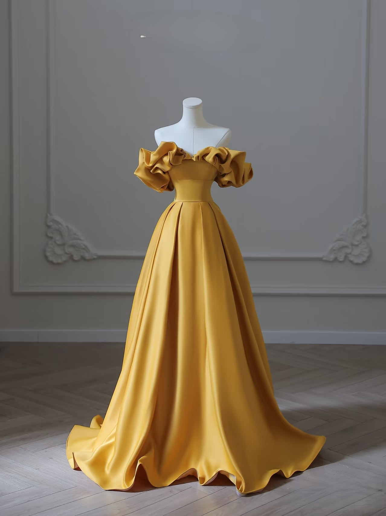 Ball Gown Off The Shoulder Yellow Satin Floor Length Stunning Prom Dresses Inspiration Prom Dress Princess Graduation Dress AU026