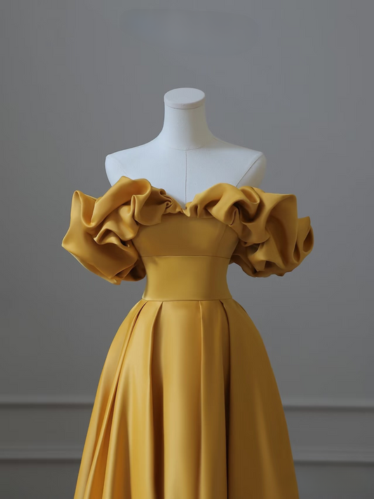 Ball Gown Off The Shoulder Yellow Satin Floor Length Stunning Prom Dresses Inspiration Prom Dress Princess Graduation Dress AU026
