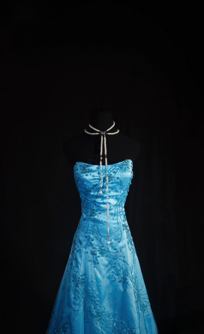 Retro Prom Dresses A Line Strapless Blue Tulle Beaded Vintage Fashion Long Prom Dresses Party Gowns AU026