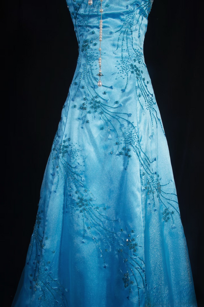 Retro Prom Dresses A Line Strapless Blue Tulle Beaded Vintage Fashion Long Prom Dresses Party Gowns AU026