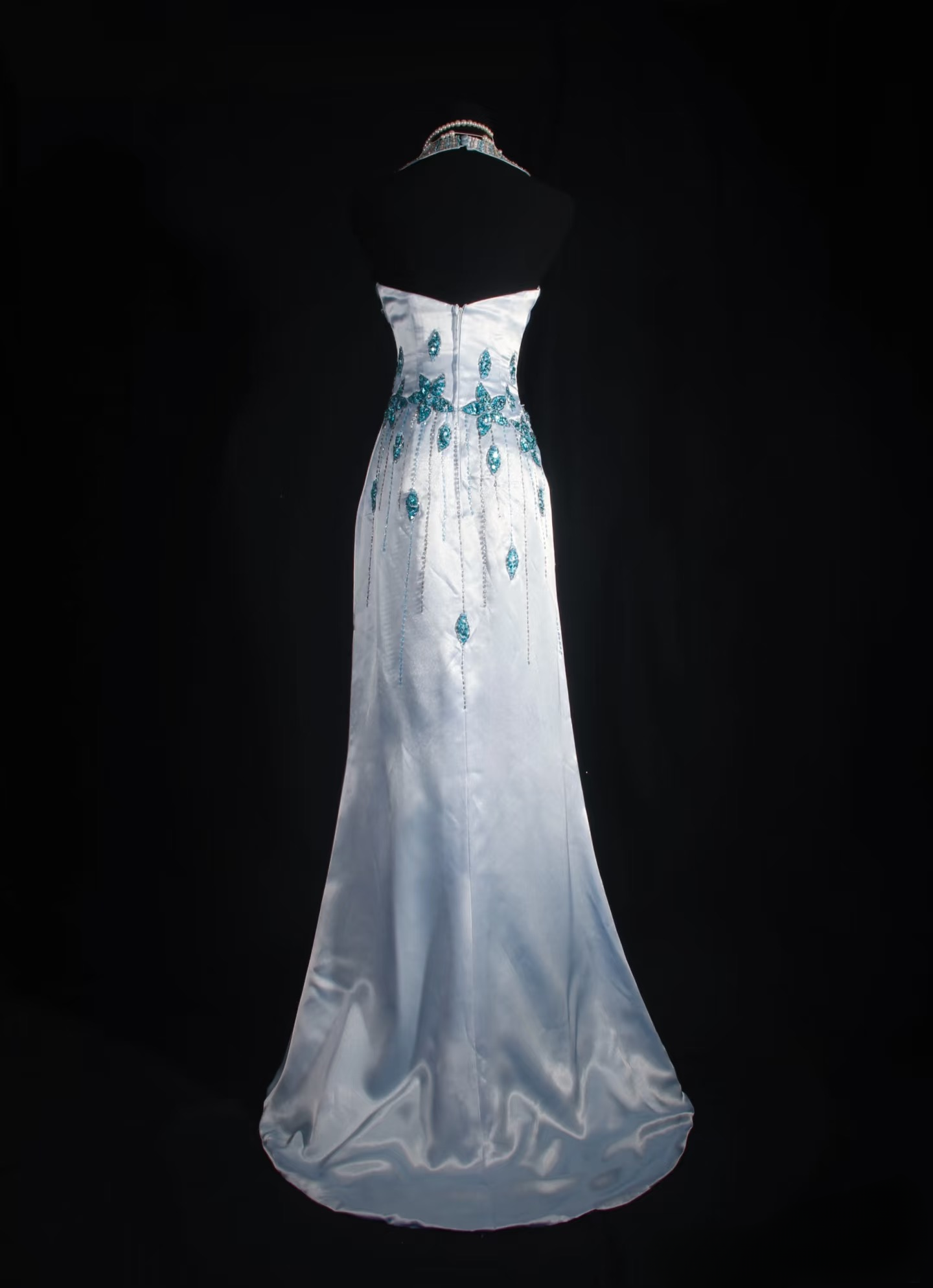 Robe de bal rétro sirène dos nu en satin bleu ornée de perles, style vintage, robe de soirée longue AU027