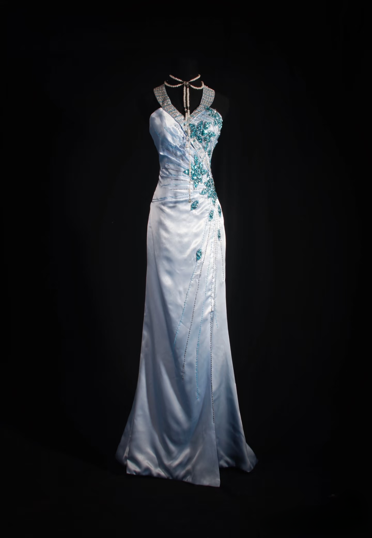Robe de bal rétro sirène dos nu en satin bleu ornée de perles, style vintage, robe de soirée longue AU027