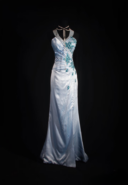 Robe de bal rétro sirène dos nu en satin bleu ornée de perles, style vintage, robe de soirée longue AU027