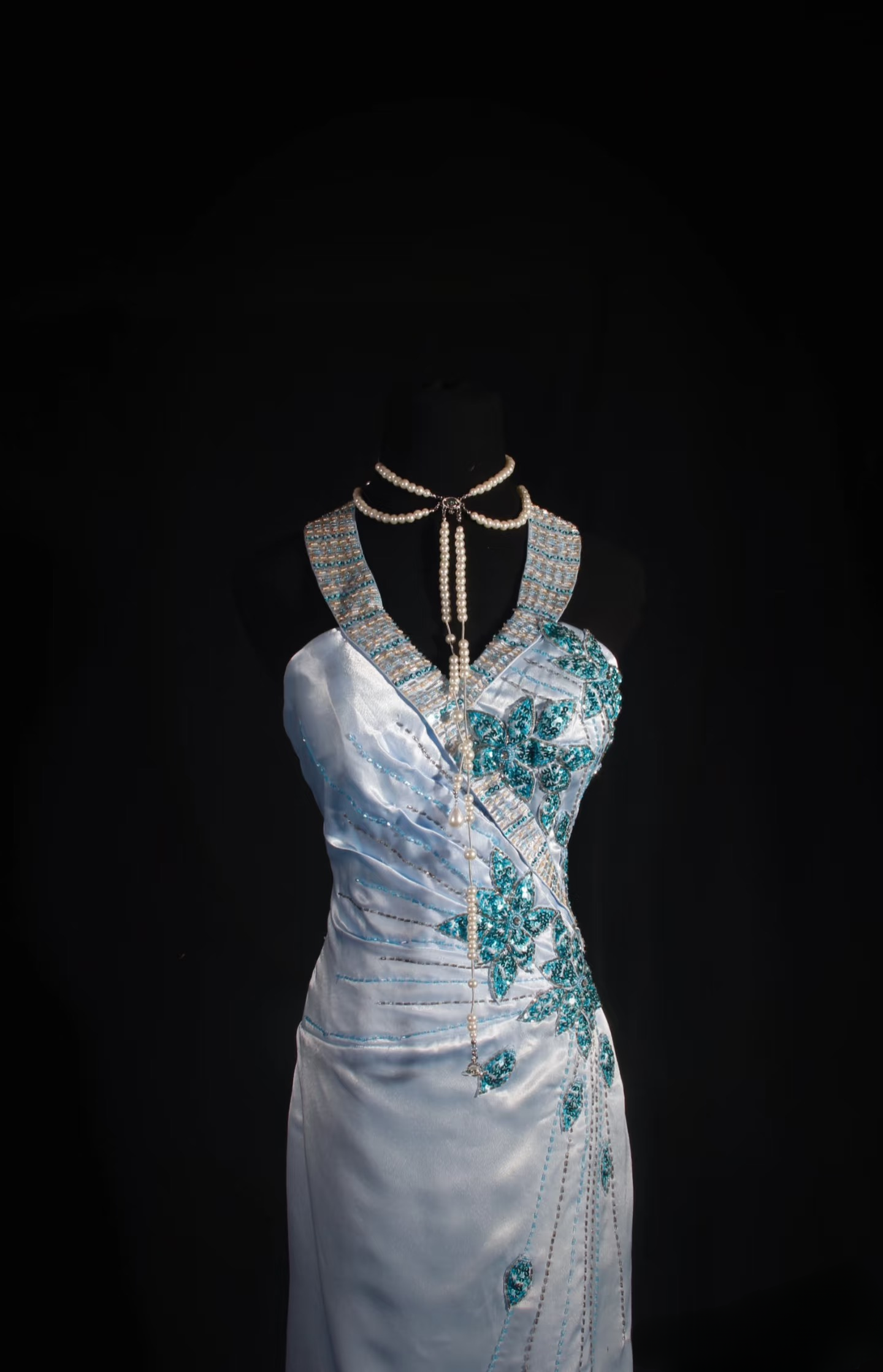 Robe de bal rétro sirène dos nu en satin bleu ornée de perles, style vintage, robe de soirée longue AU027