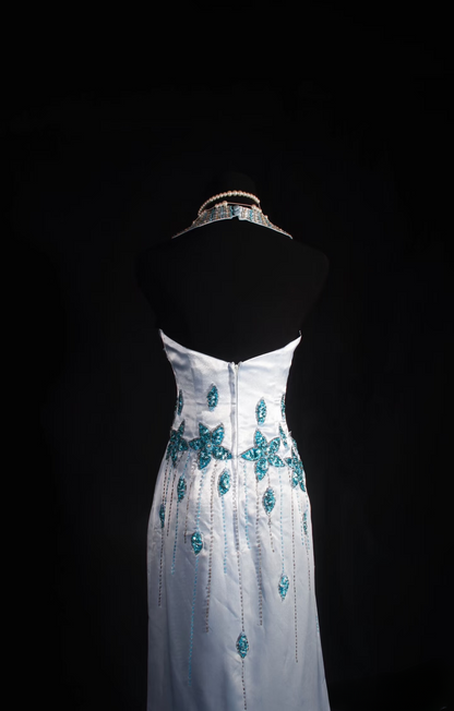 Robe de bal rétro sirène dos nu en satin bleu ornée de perles, style vintage, robe de soirée longue AU027