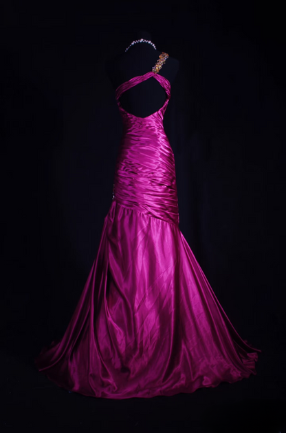 Robe de bal rétro sirène asymétrique fuchsia en satin perlé style vintage, robe de soirée longue AU028