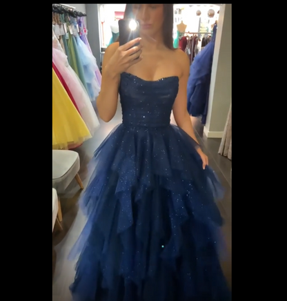 Robe de bal longue bleu marine sans bretelles en tulle perlé, robe de soirée élégante AB323