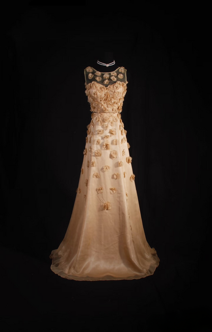 Retro Prom Dresses A Line 2 Pieces Gold Tulle Floral Vintage Long Prom Dresses Party Gowns AU029